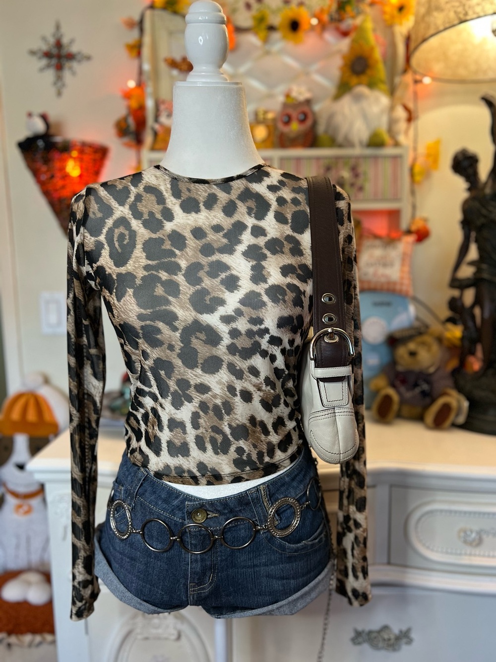 Leopard Print Long Sleeve Mesh Top - Brown Leopard